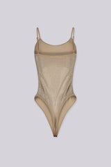 EDGEBYKS - Rhinestone embellished bodysuit with adjustable spaghetti straps, taupe back view