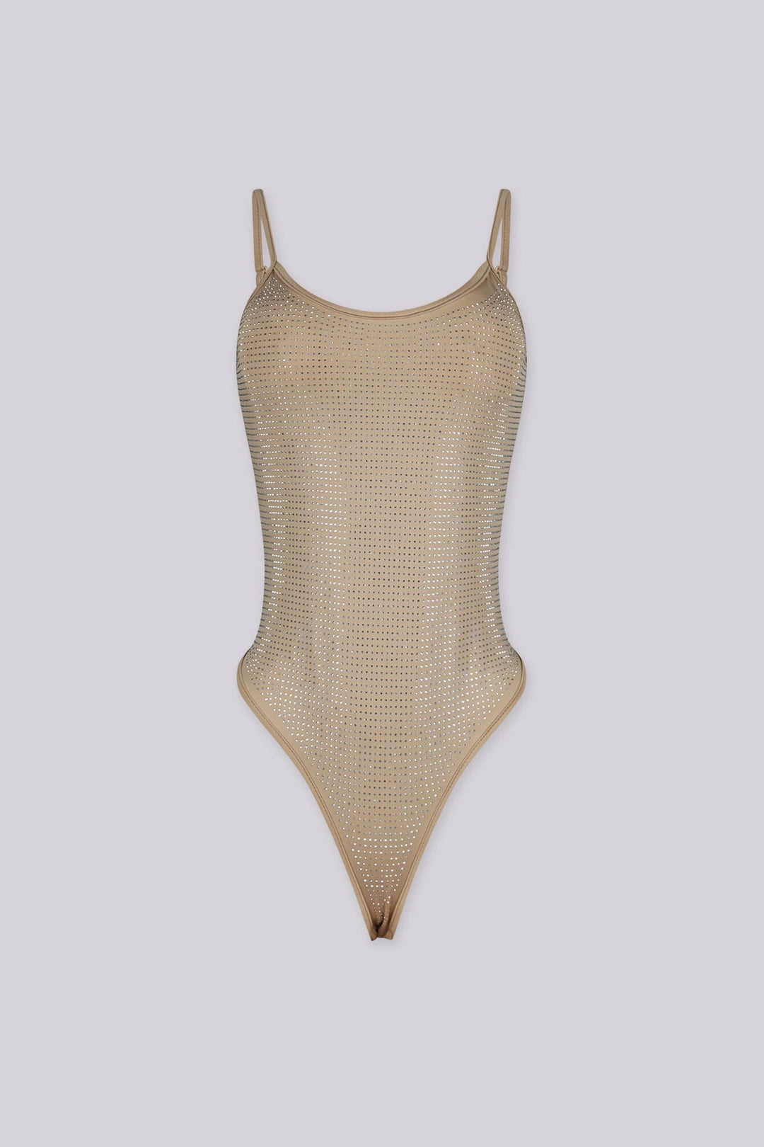 EDGEBYKS - Rhinestone embellished bodysuit with adjustable spaghetti straps, taupe front view