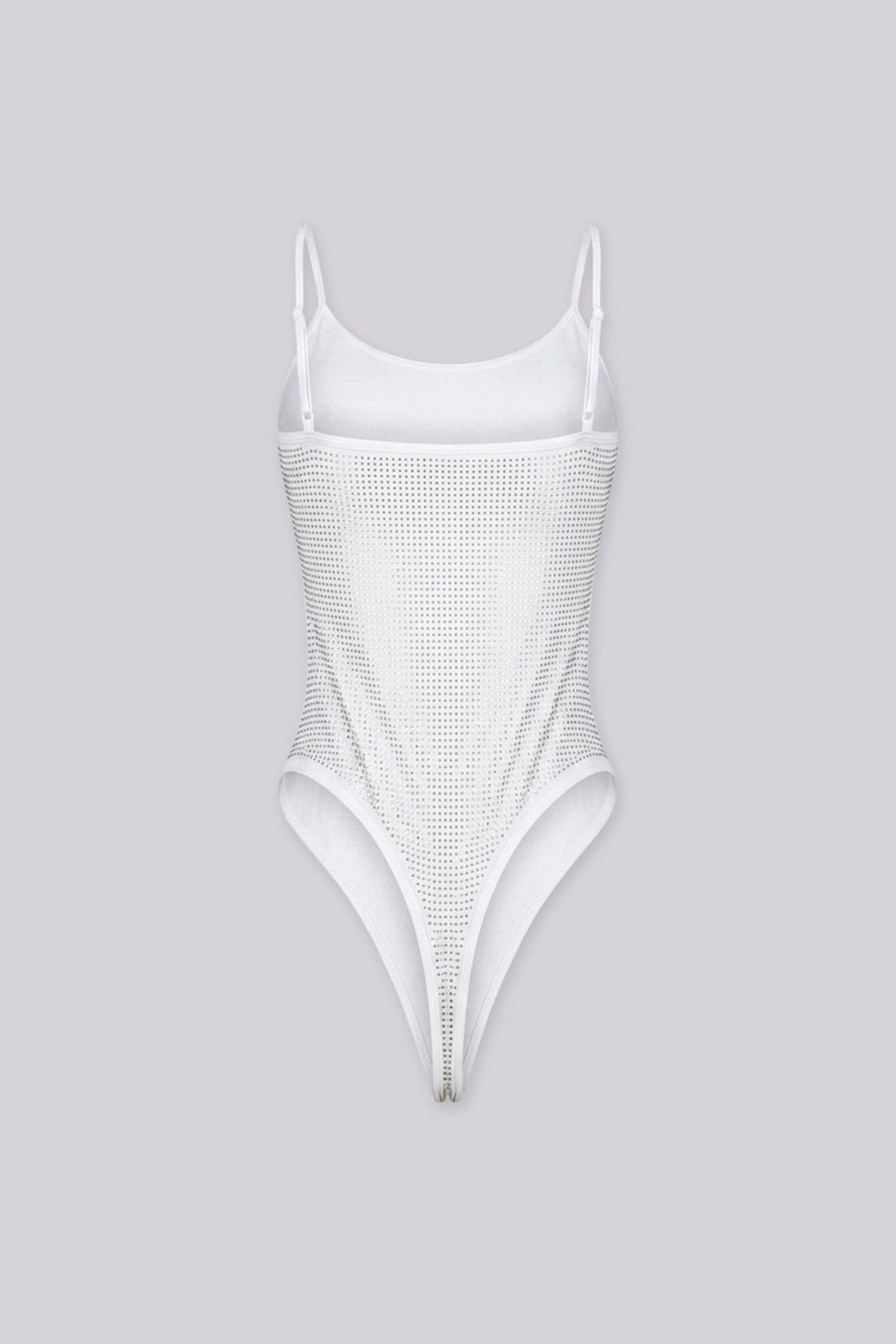 EDGEBYKS - Rhinestone embellished bodysuit with adjustable spaghetti straps, white back view
