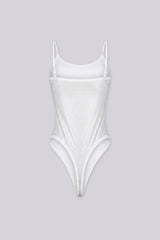 EDGEBYKS - Rhinestone embellished bodysuit with adjustable spaghetti straps, white back view