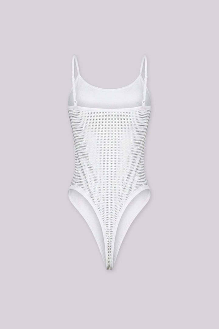 EDGEBYKS - Rhinestone embellished bodysuit with adjustable spaghetti straps, white back view