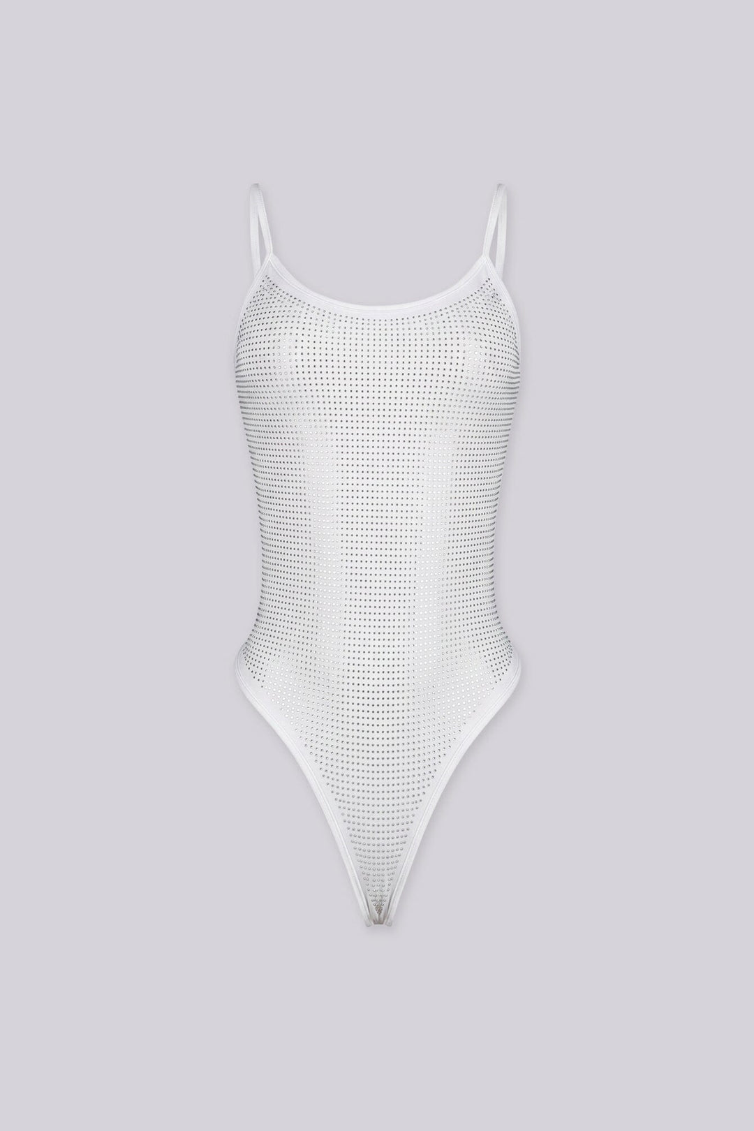 EDGEBYKS - Rhinestone embellished bodysuit with adjustable spaghetti straps, white front view