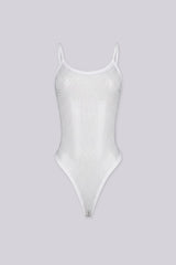 EDGEBYKS - Rhinestone embellished bodysuit with adjustable spaghetti straps, white front view