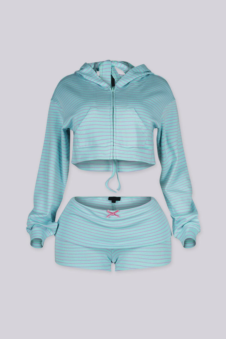 EDGEBYKS - Striped halter bralette top with heart rhinestone charm and cropped zip up hoodie, v2 front view