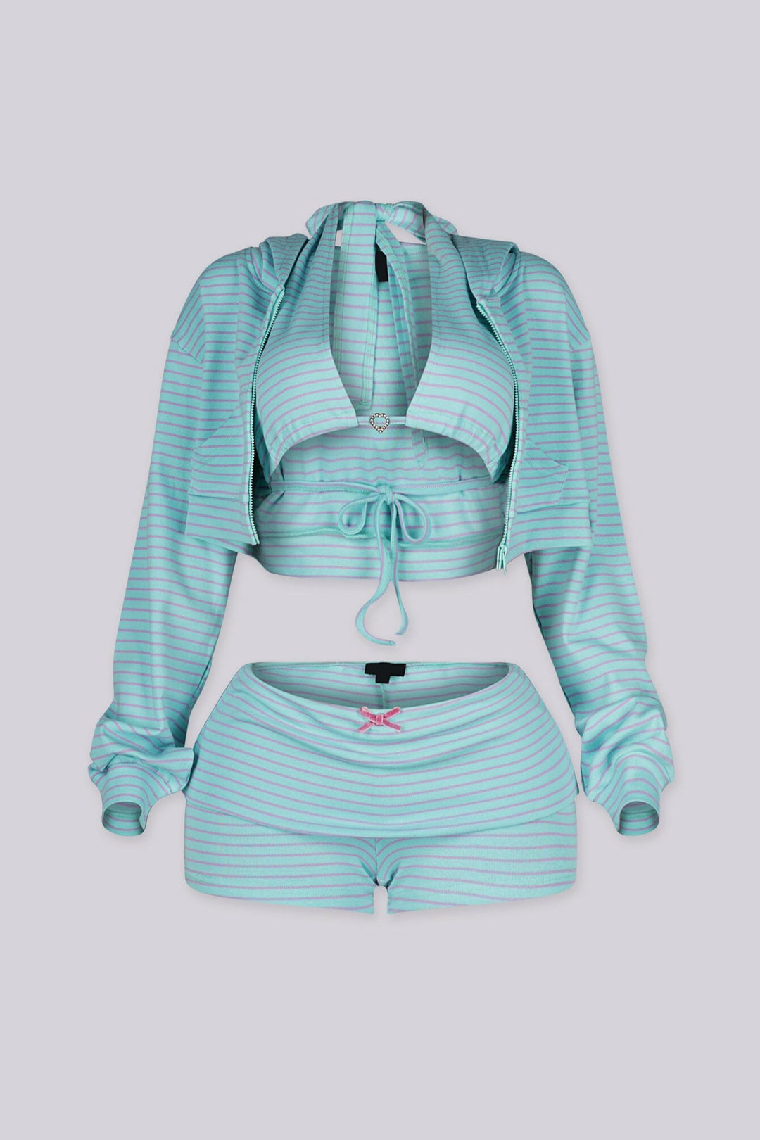 EDGEBYKS - Striped halter bralette top with heart rhinestone charm and cropped zip up hoodie, front view