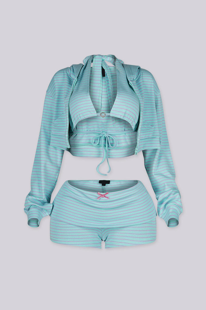 EDGEBYKS - Striped halter bralette top with heart rhinestone charm and cropped zip up hoodie, front view