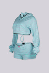 EDGEBYKS - Striped halter bralette top with heart rhinestone charm and cropped zip up hoodie, side view