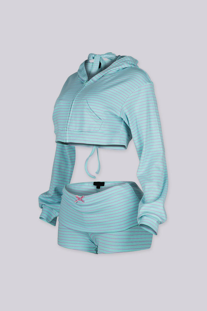 EDGEBYKS - Striped halter bralette top with heart rhinestone charm and cropped zip up hoodie, side view