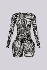 EDGEBYKS - Long sleeve mixed animal print sheer mesh romper with a fitted silhouette, back view