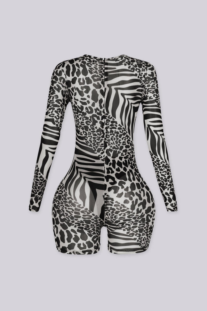 EDGEBYKS - Long sleeve mixed animal print sheer mesh romper with a fitted silhouette, back view