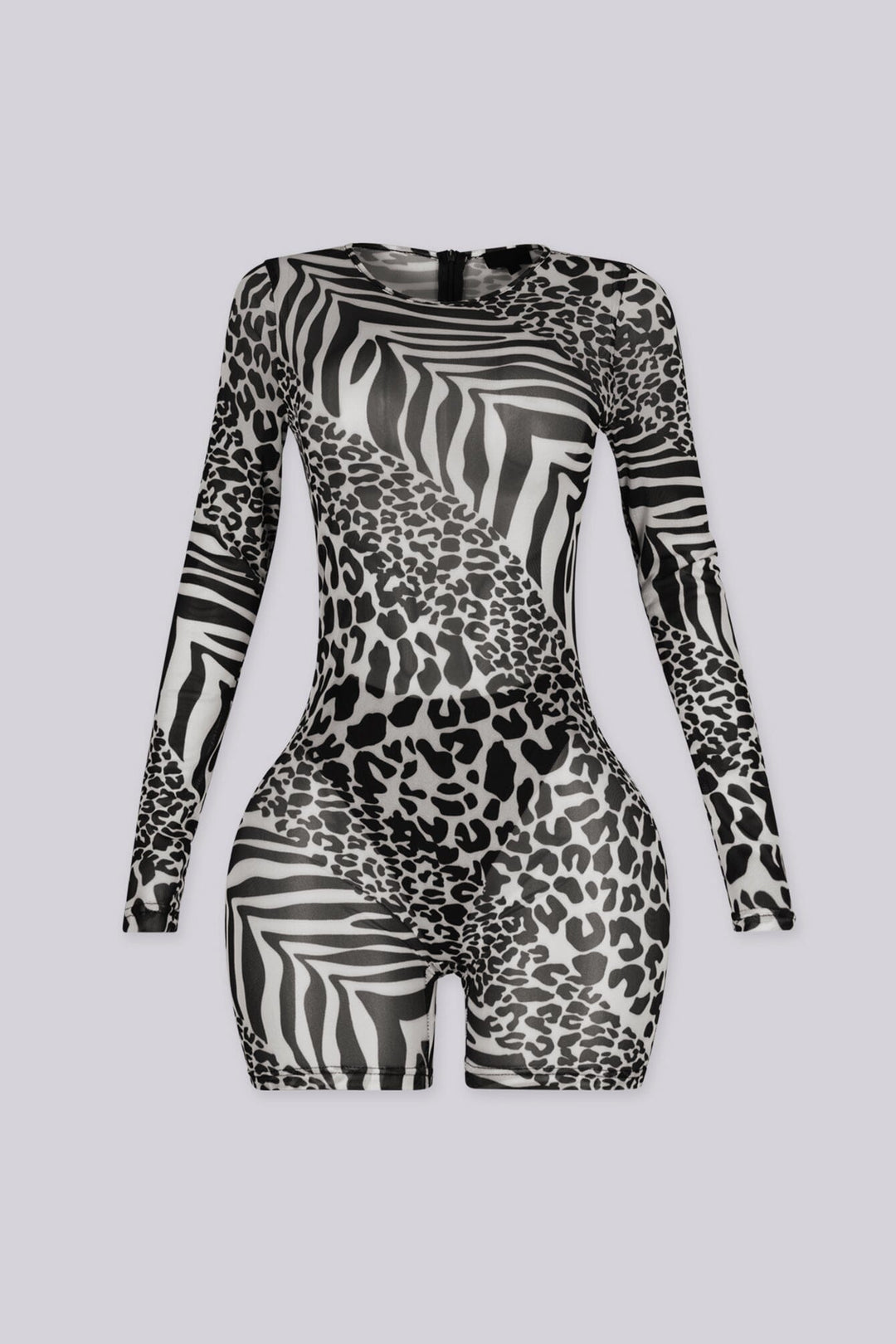 EDGEBYKS - Long sleeve mixed animal print sheer mesh romper with a fitted silhouette, front view