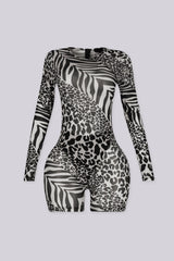 EDGEBYKS - Long sleeve mixed animal print sheer mesh romper with a fitted silhouette, front view