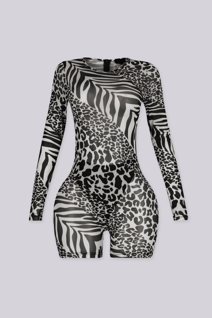 EDGEBYKS - Long sleeve mixed animal print sheer mesh romper with a fitted silhouette, front view