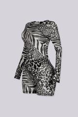 EDGEBYKS - Long sleeve mixed animal print sheer mesh romper with a fitted silhouette, side view