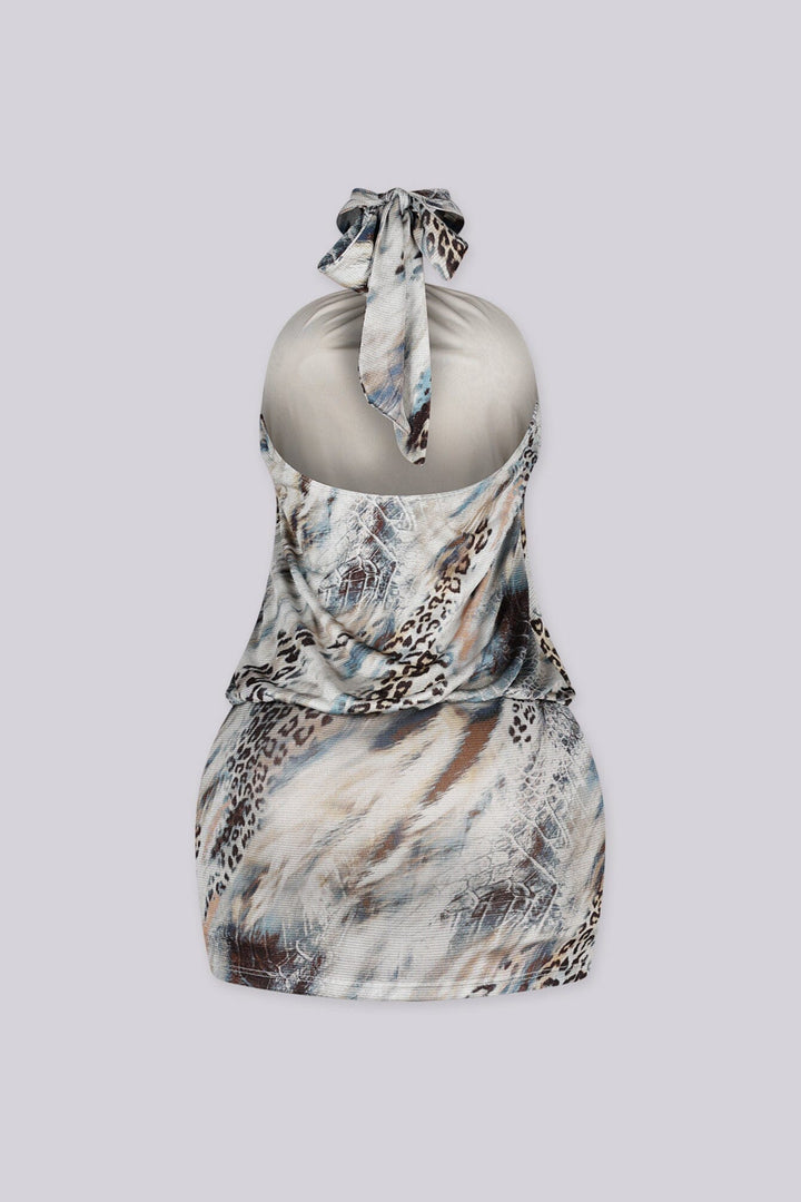 EDGEBYKS - Mixed animal print halter mini dress with a knotted neckline, back view