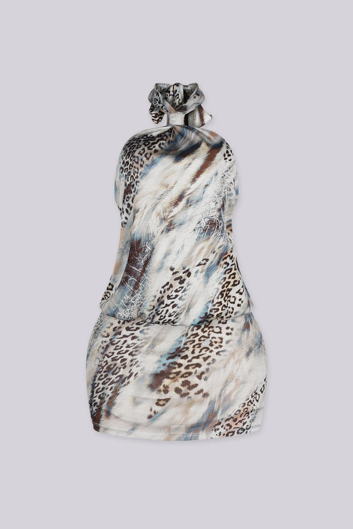 EDGEBYKS - Mixed animal print halter mini dress with a knotted neckline, front view