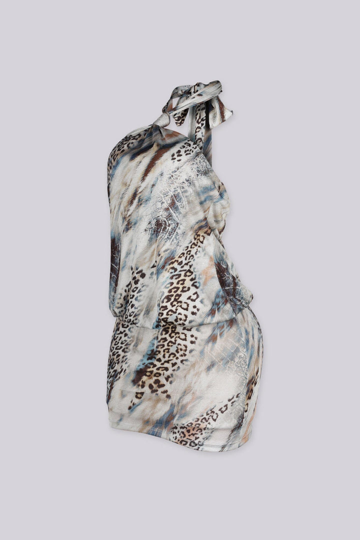 EDGEBYKS - Mixed animal print halter mini dress with a knotted neckline, side view