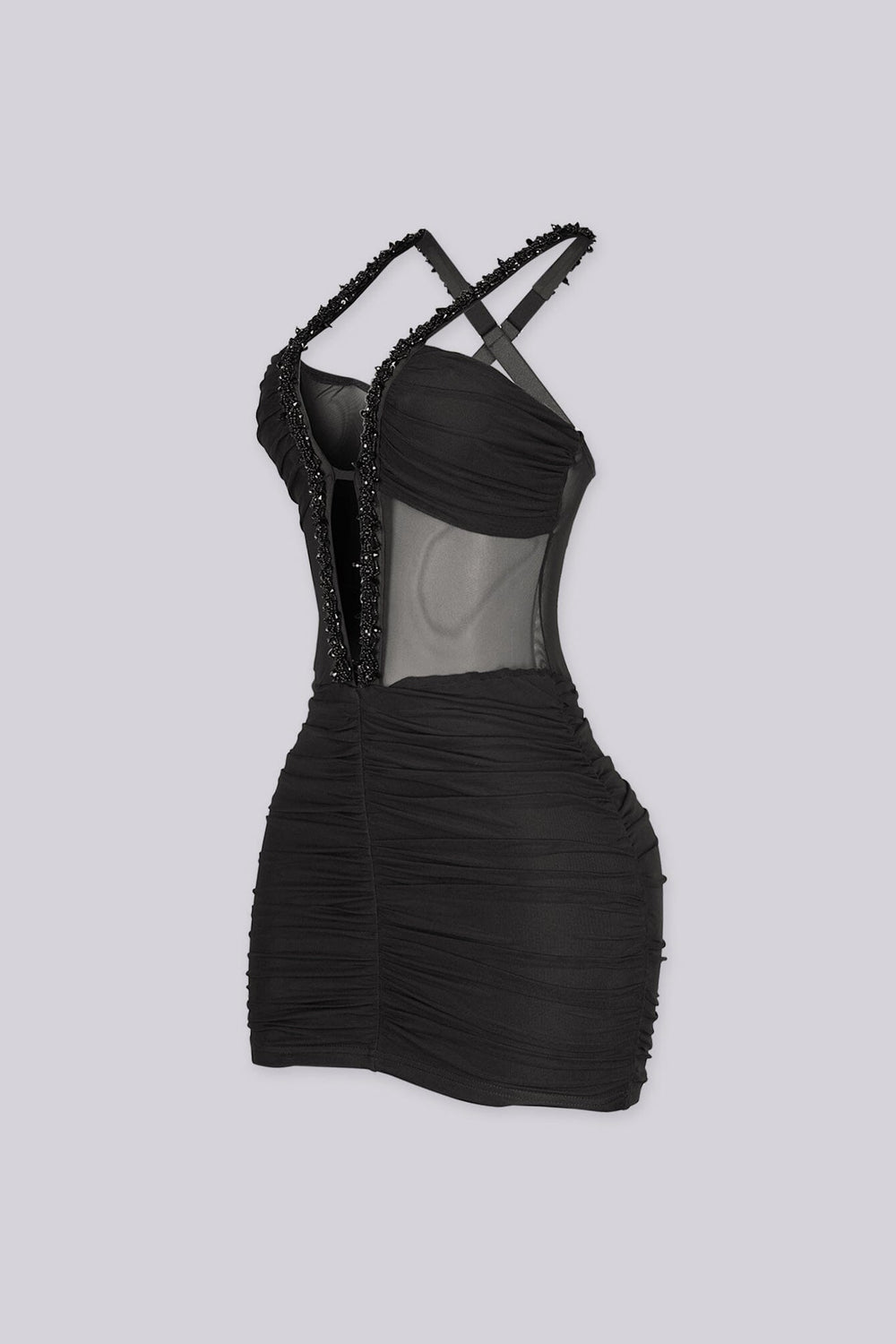 EDGE byKS Kyto Harness Beaded Mini Dress in black, side view flat lay