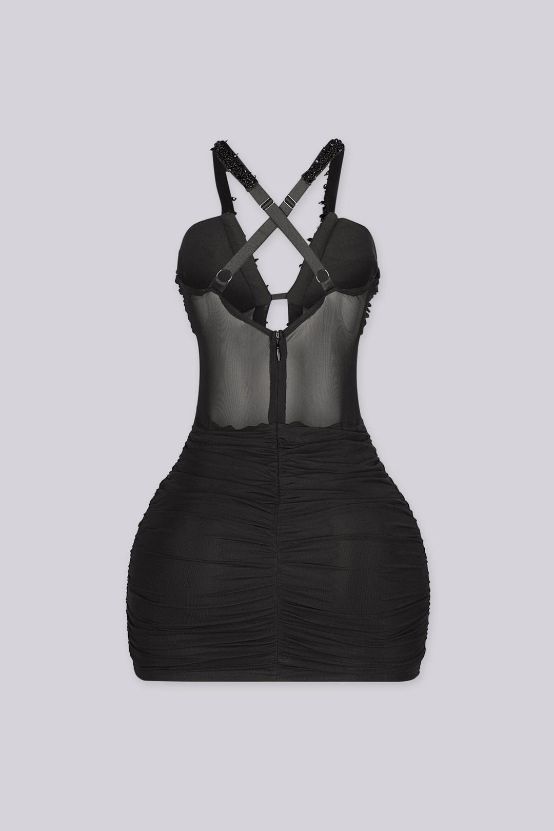 EDGE byKS Kyto Harness Beaded Mini Dress in black, back view flat lay