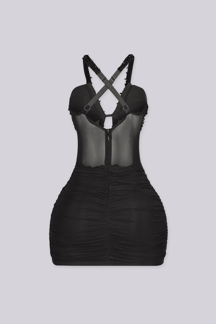 EDGE byKS Kyto Harness Beaded Mini Dress in black, back view flat lay