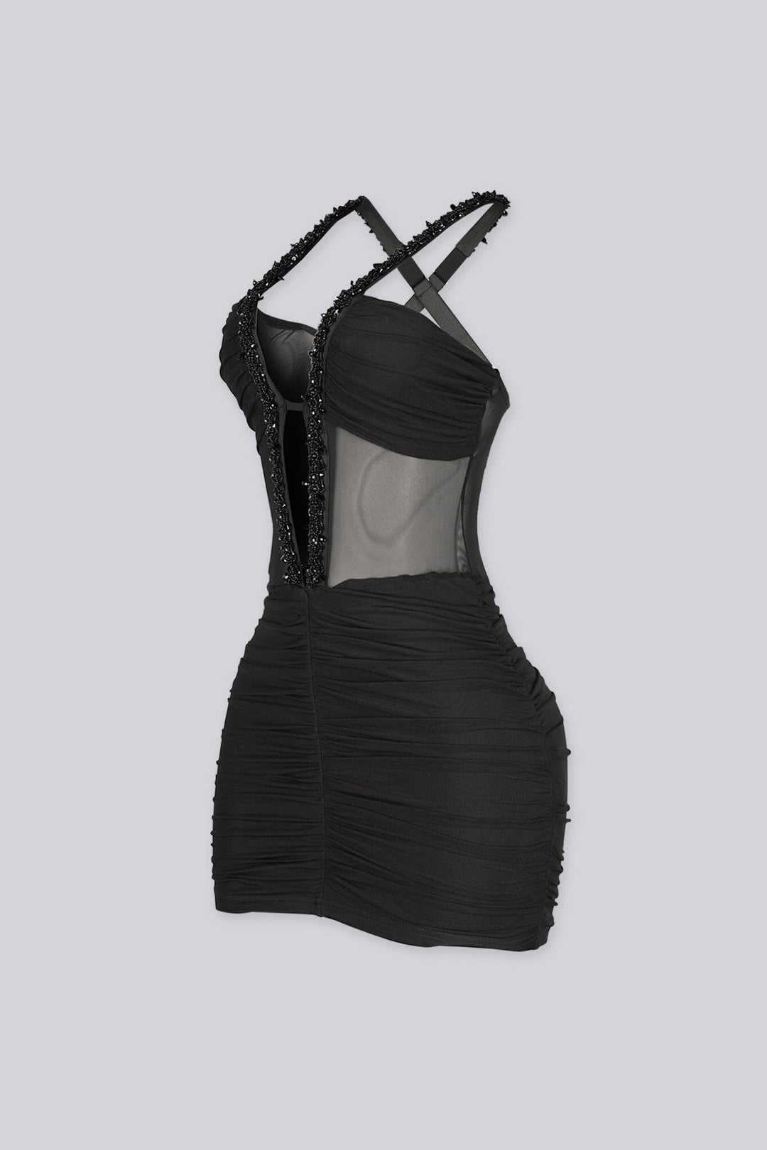 EDGE byKS Kyto Harness Beaded Mini Dress in black, side view flat lay
