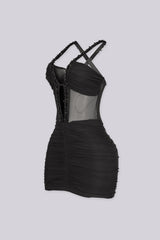 EDGE byKS Kyto Harness Beaded Mini Dress in black, side view flat lay
