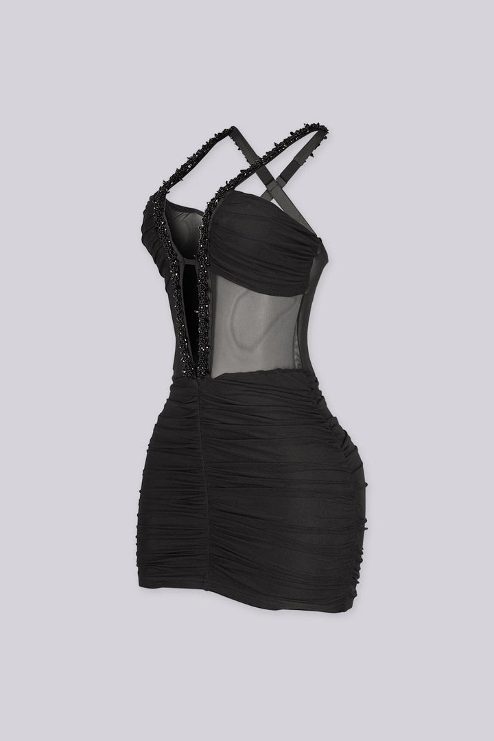 EDGE byKS Kyto Harness Beaded Mini Dress in black, side view flat lay