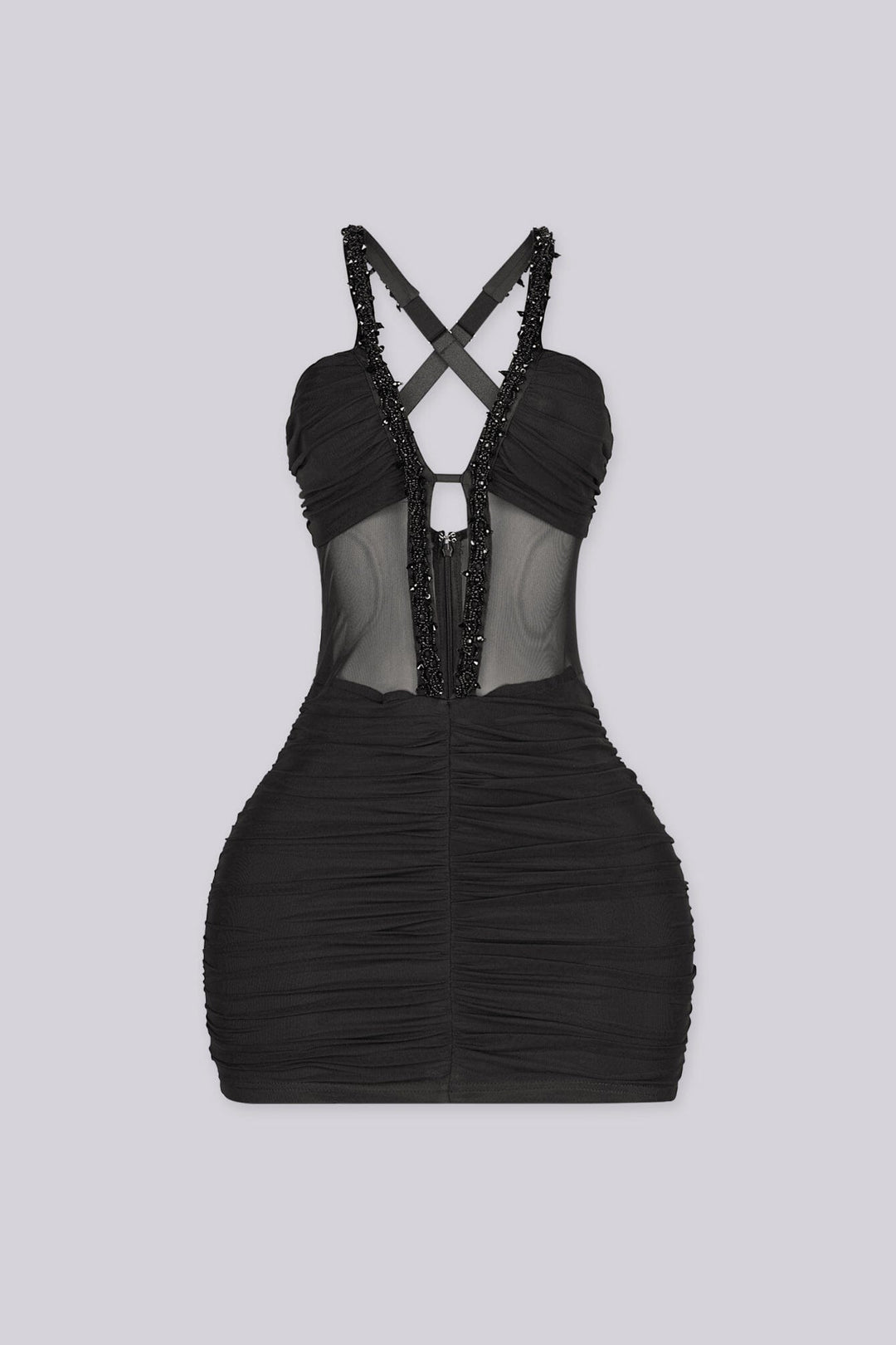 EDGE byKS Kyto Harness Beaded Mini Dress in black, front view flat lay