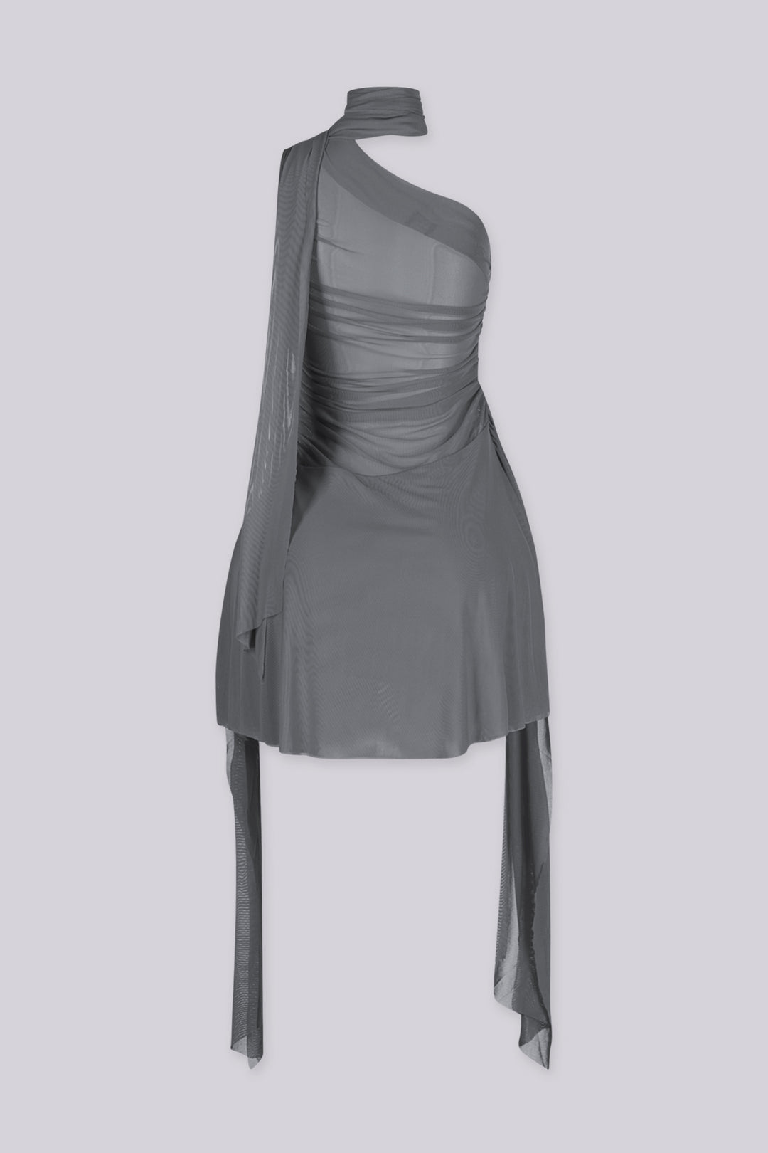EDGEBYKS - Asymmetrical one shoulder neckline mini dress with built in scarf, gray back view