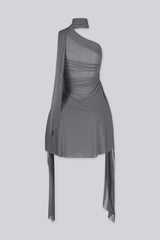 EDGEBYKS - Asymmetrical one shoulder neckline mini dress with built in scarf, gray back view