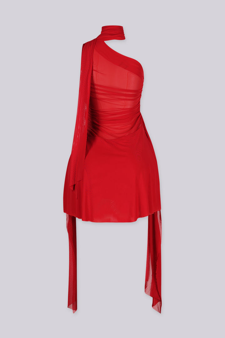 EDGEBYKS - Asymmetrical one shoulder neckline mini dress with built in scarf, red back view