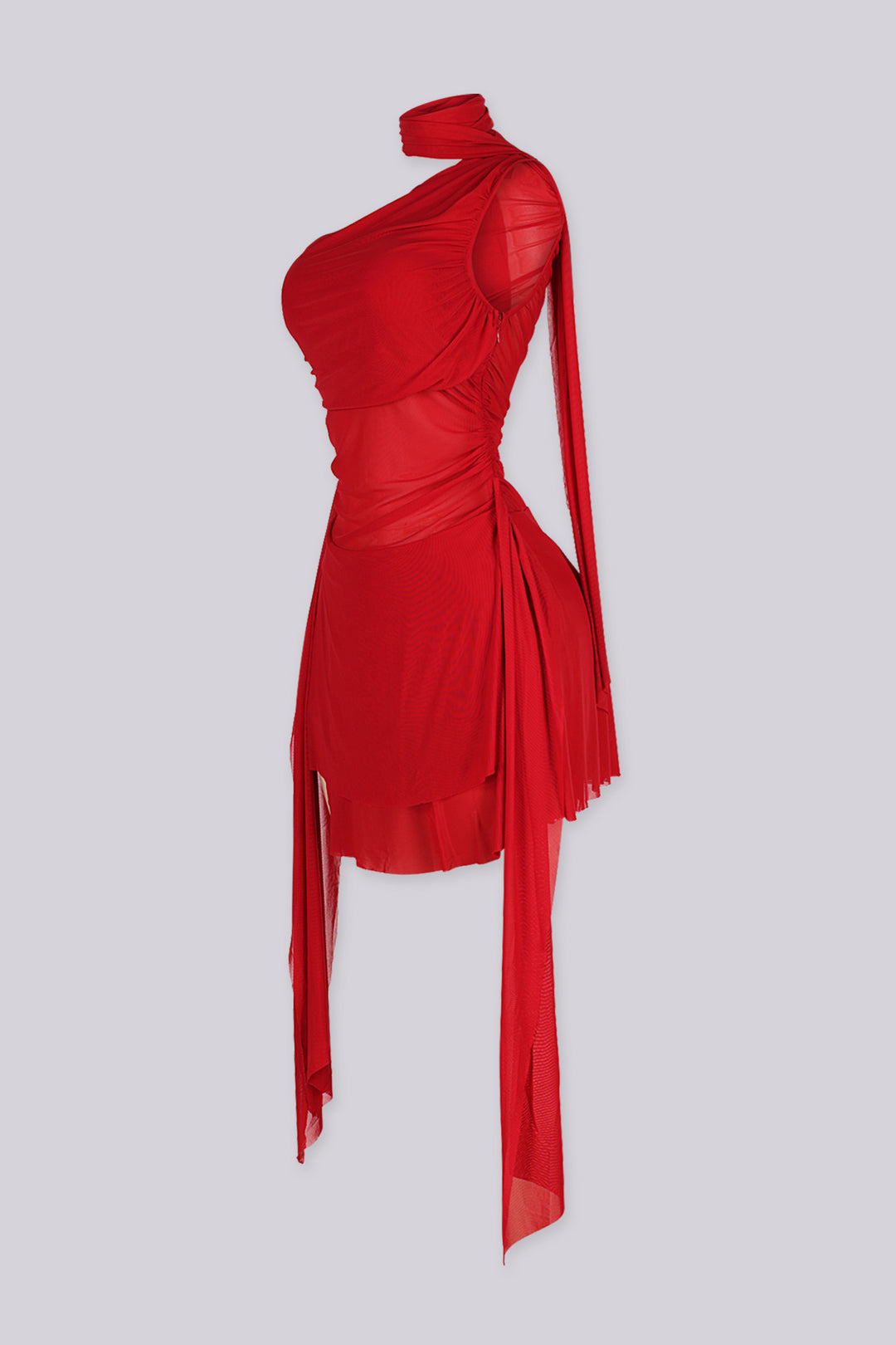 EDGEBYKS - Asymmetrical one shoulder neckline mini dress with built in scarf, red side view