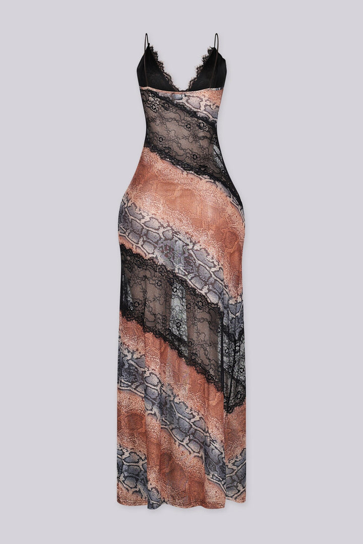 EDGEBYKS - Spaghetti strap lace overlay maxi dress with plunging V neckline, back view