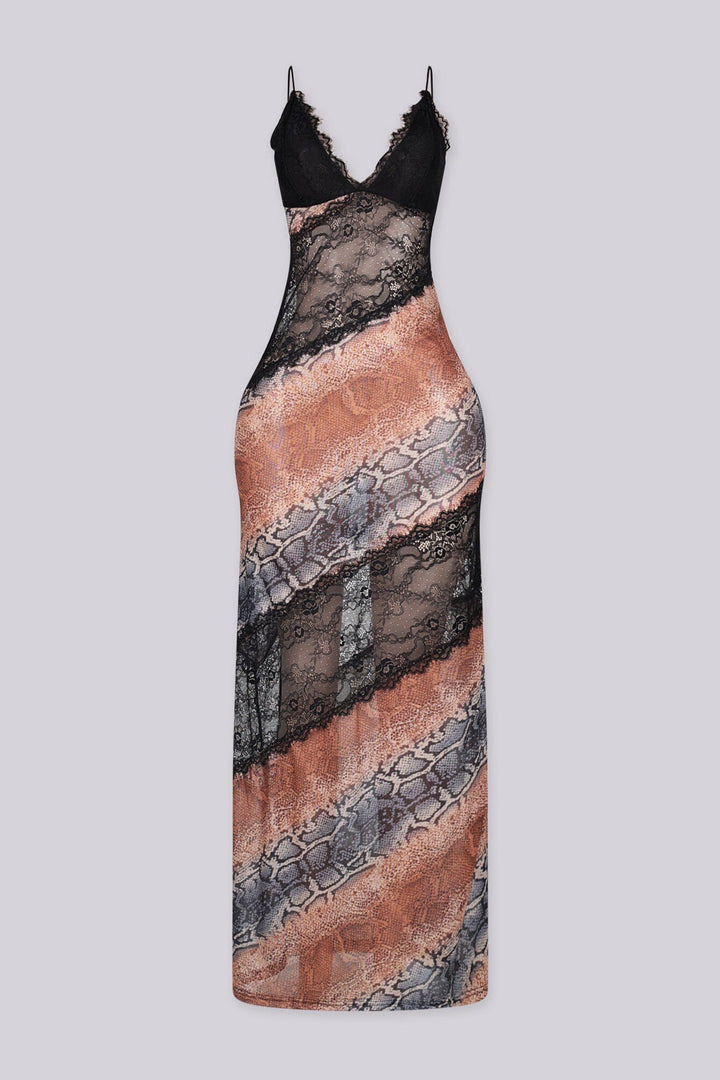 EDGEBYKS - Spaghetti strap lace overlay maxi dress with plunging V neckline, front view