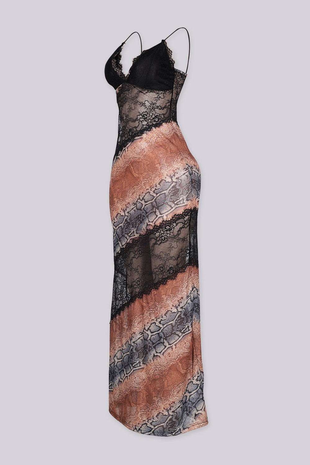 EDGEBYKS - Spaghetti strap lace overlay maxi dress with plunging V neckline, side view