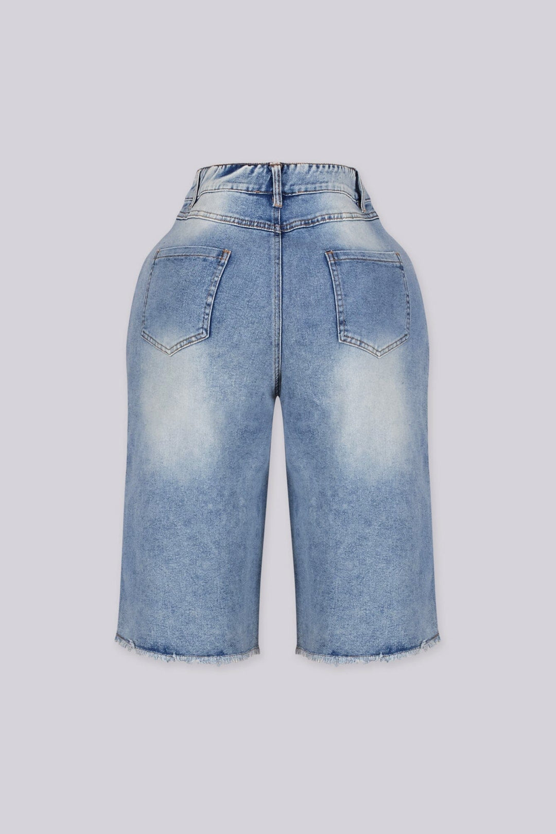 EDGEBYKS - Wide leg distressed denim bermuda shorts with faded washed finish, back view