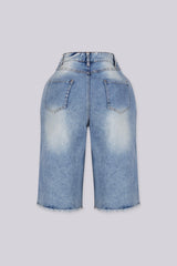 EDGEBYKS - Wide leg distressed denim bermuda shorts with faded washed finish, back view
