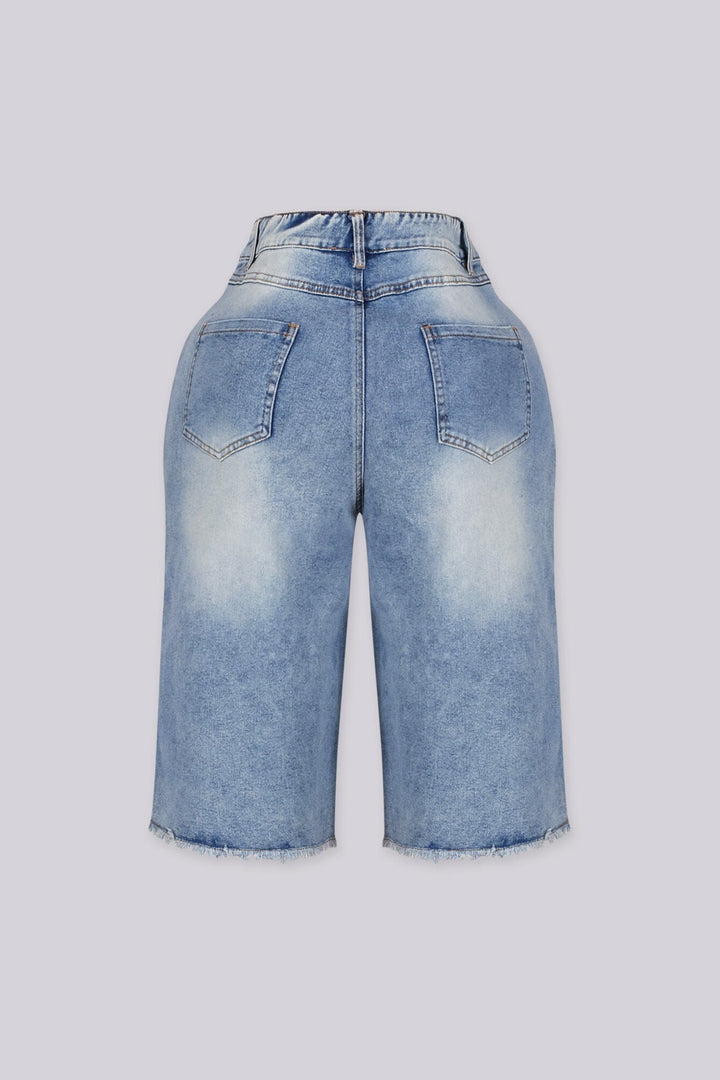 EDGEBYKS - Wide leg distressed denim bermuda shorts with faded washed finish, back view