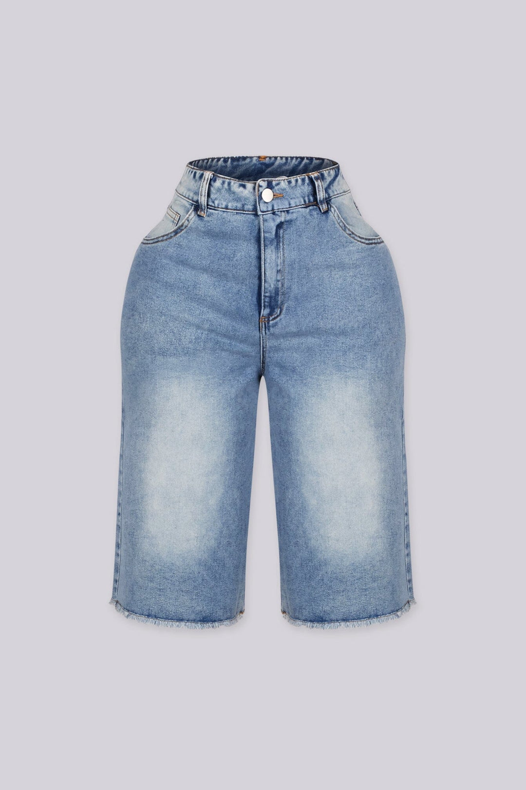 EDGEBYKS - Wide leg distressed denim bermuda shorts with faded washed finish, front view