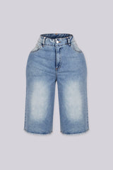 EDGEBYKS - Wide leg distressed denim bermuda shorts with faded washed finish, front view