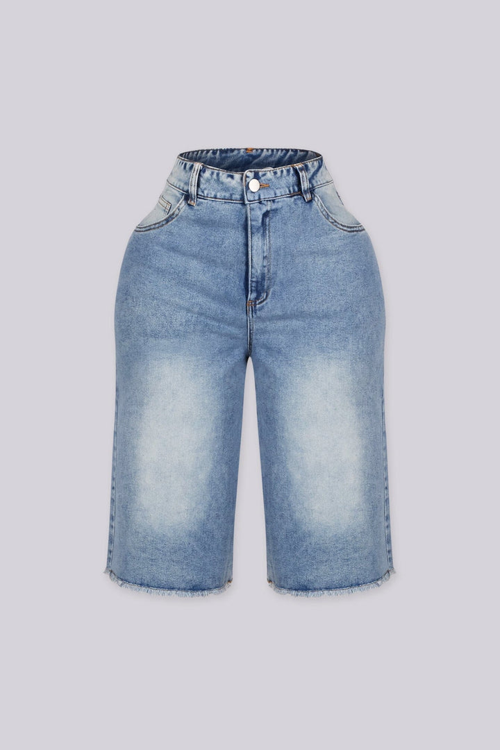 EDGEBYKS - Wide leg distressed denim bermuda shorts with faded washed finish, front view