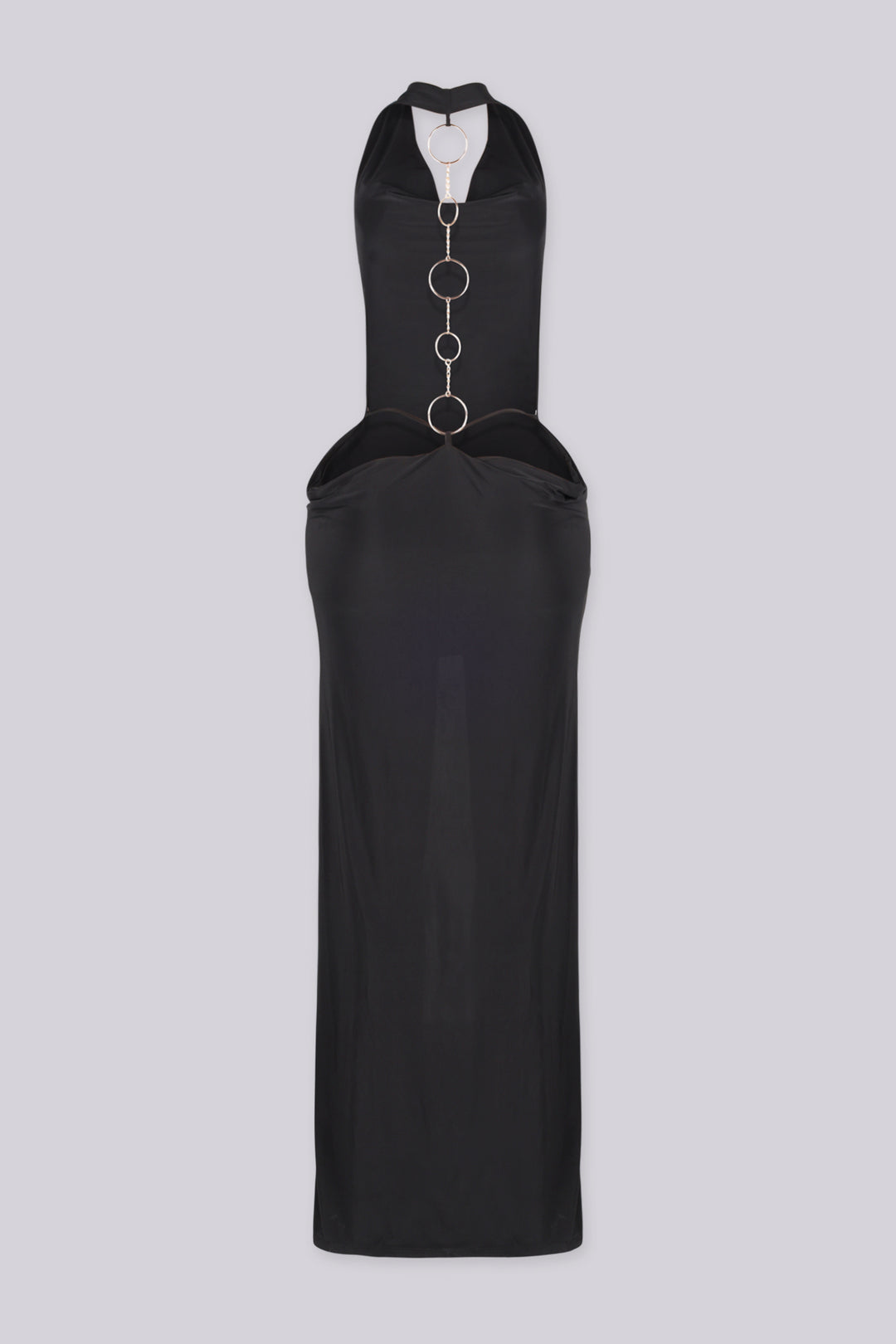 EDGEBYKS - Cowl draped halter neckline maxi dress with fitted bodycon silhouette, black back view
