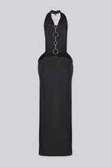 EDGEBYKS - Cowl draped halter neckline maxi dress with fitted bodycon silhouette, black back view