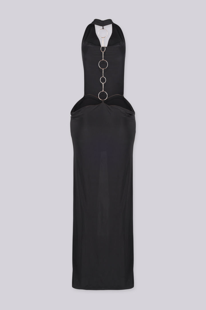 EDGEBYKS - Cowl draped halter neckline maxi dress with fitted bodycon silhouette, black back view