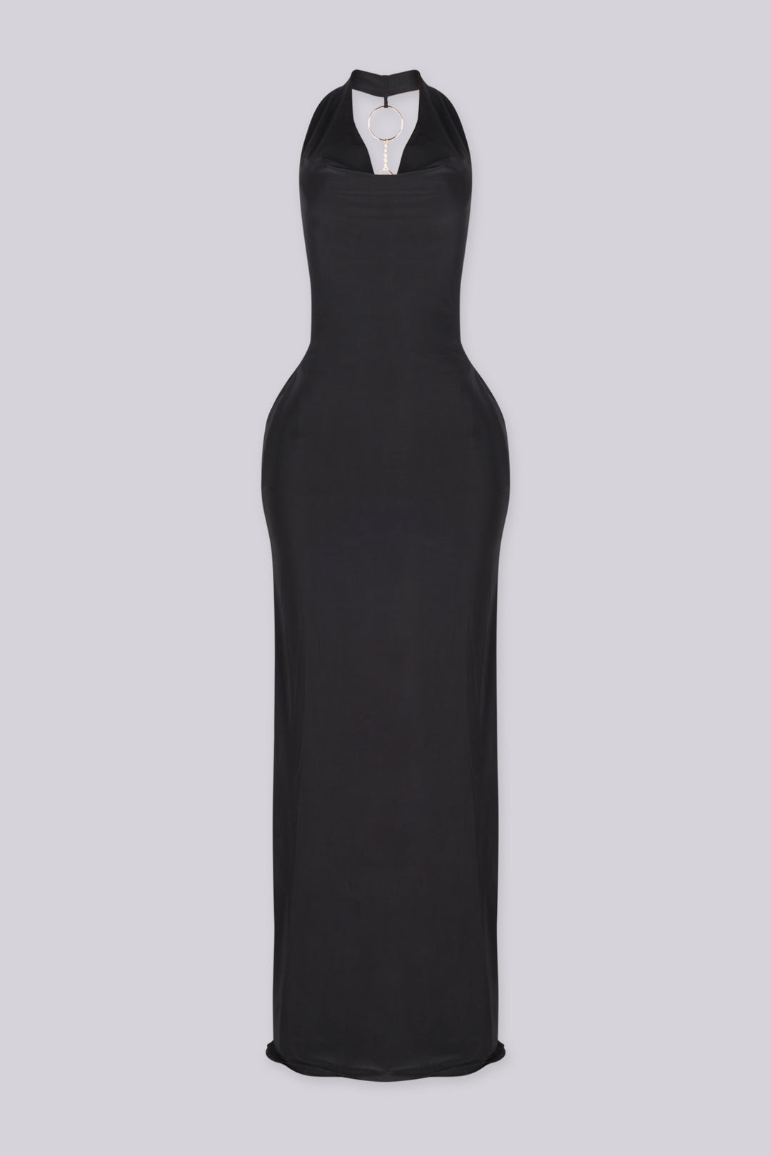 EDGEBYKS - Cowl draped halter neckline maxi dress with fitted bodycon silhouette, black front view
