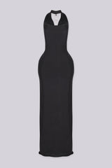 EDGEBYKS - Cowl draped halter neckline maxi dress with fitted bodycon silhouette, black front view