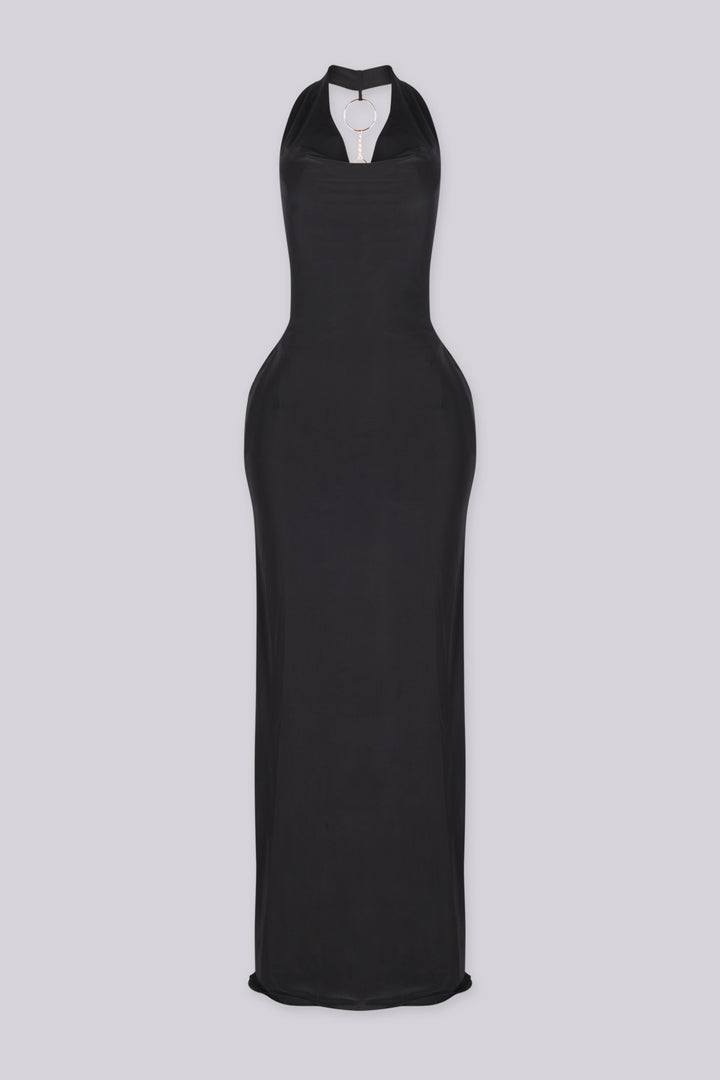 EDGEBYKS - Cowl draped halter neckline maxi dress with fitted bodycon silhouette, black front view