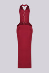 EDGEBYKS - Cowl draped halter neckline maxi dress with fitted bodycon silhouette, burgundy back view