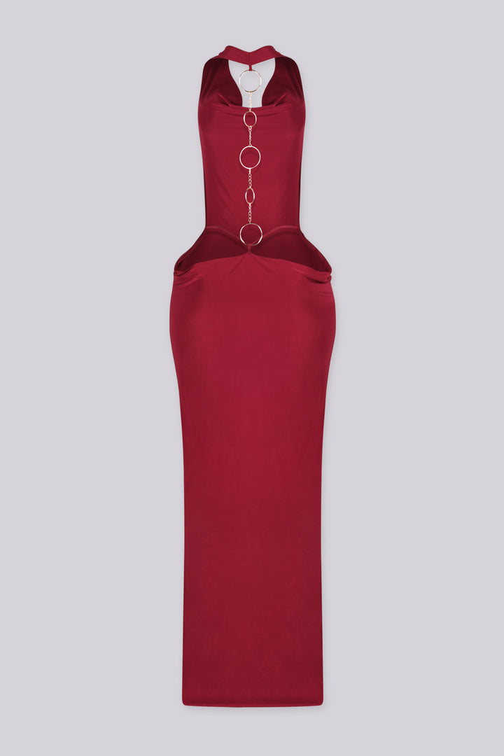 EDGEBYKS - Cowl draped halter neckline maxi dress with fitted bodycon silhouette, burgundy back view