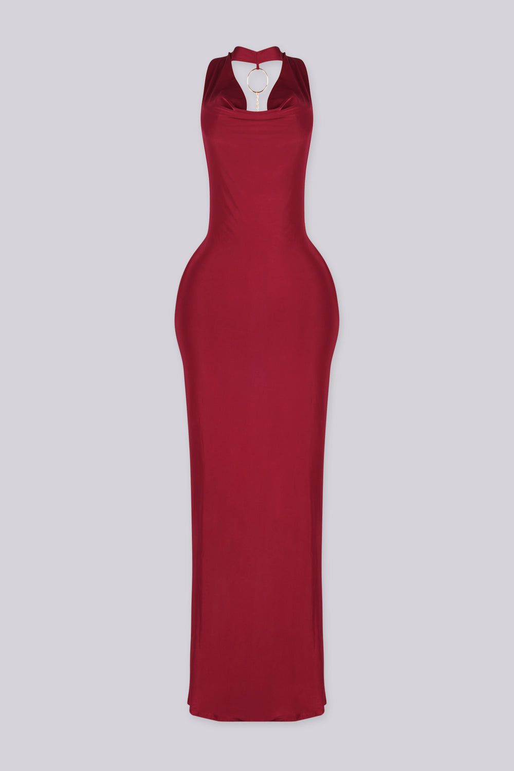 EDGEBYKS - Cowl draped halter neckline maxi dress with fitted bodycon silhouette, burgundy front view